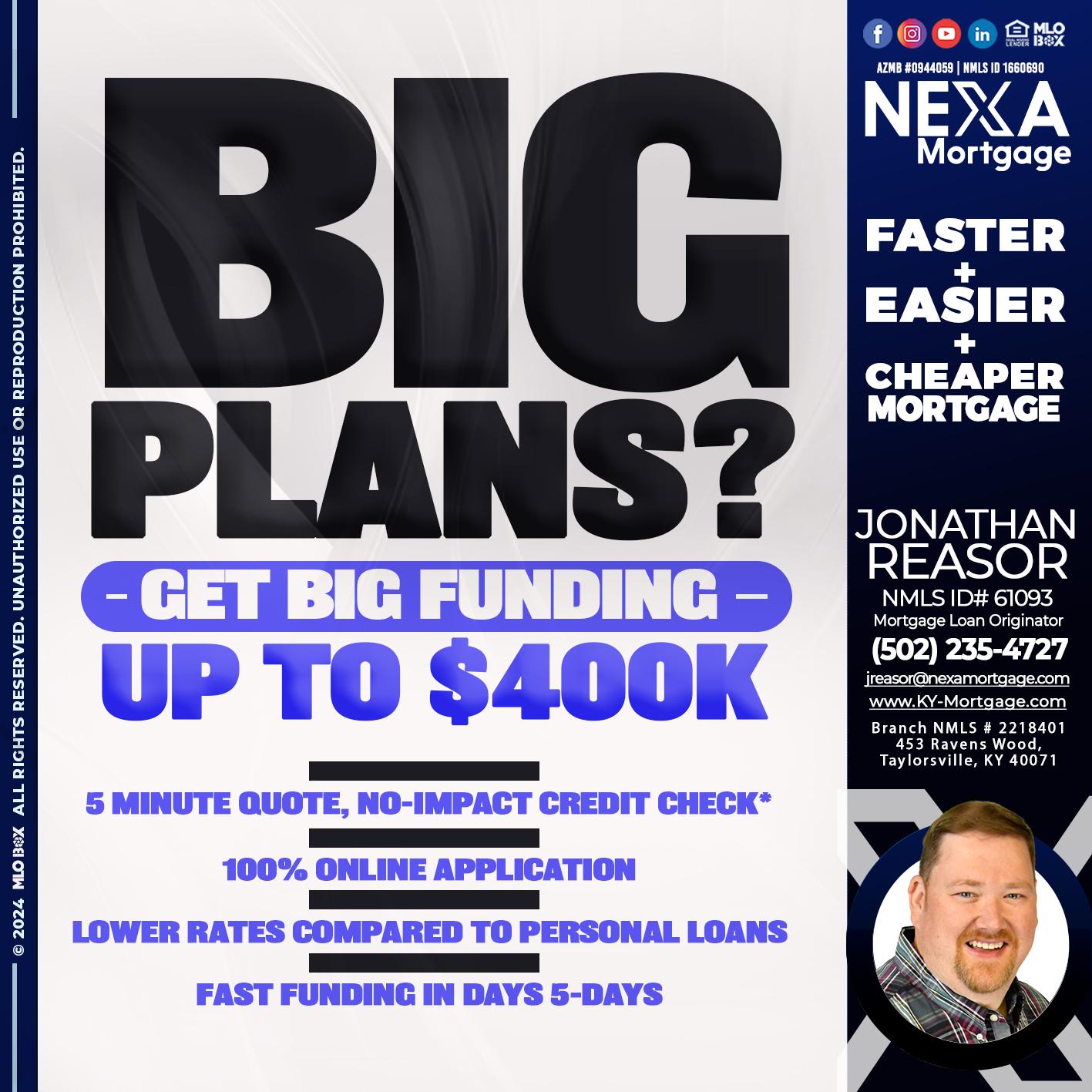 BIG PLANS - Jonathan Reasor -Mortgage Loan Originator